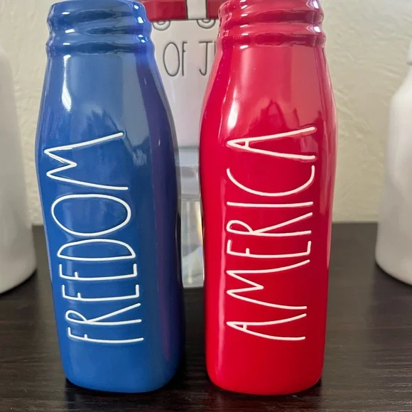 Rae Dunn Patriotic Set of 3 Canisters 2 Flower Vases and 2 Mugs
